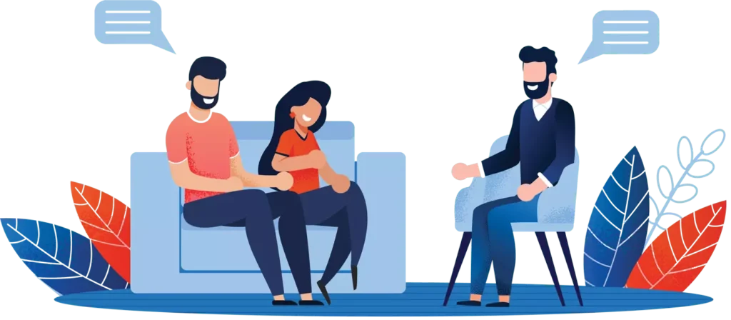 تصویر انیمیشنی از زن و مردی که کنار هم روی مبل نشسته اند و یک مشاور آقا نیز روبروی آن ها روی صندلی نشسته است.