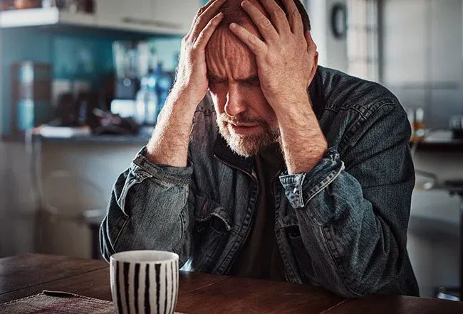 مردی پشت میز نشسته و با ناراحتی سرش را میان دستانش گرفته است. 