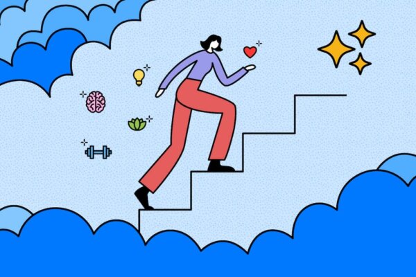 تصویری انیمیشنی از زنی که در حال بالارفتن از پله است و اطراف او نماد قلب، لامپ روشن، مغز و غیره دیده می‌شود.